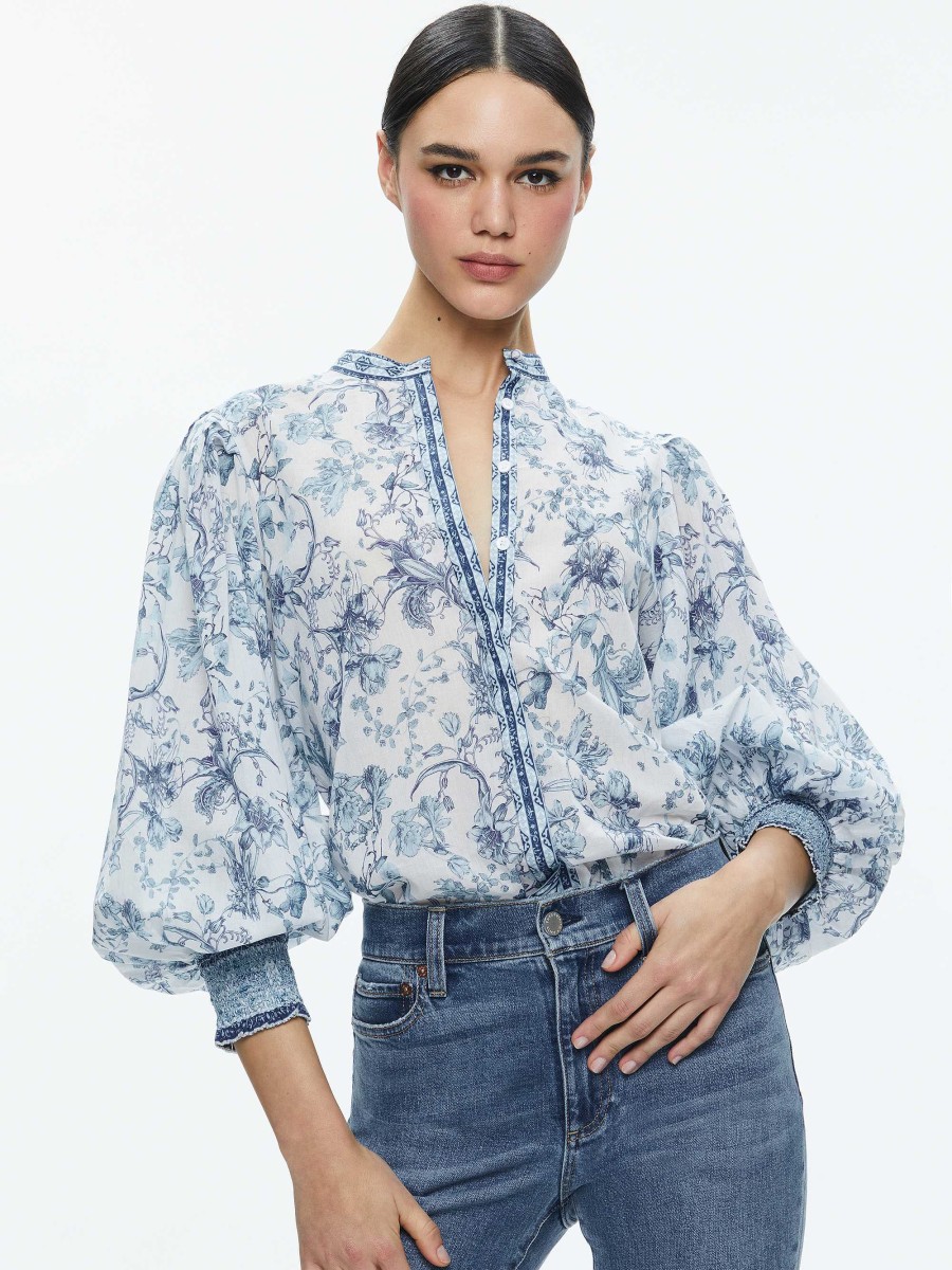 Alice and Olivia April Pleated Blouson Sleeve Top | Tops