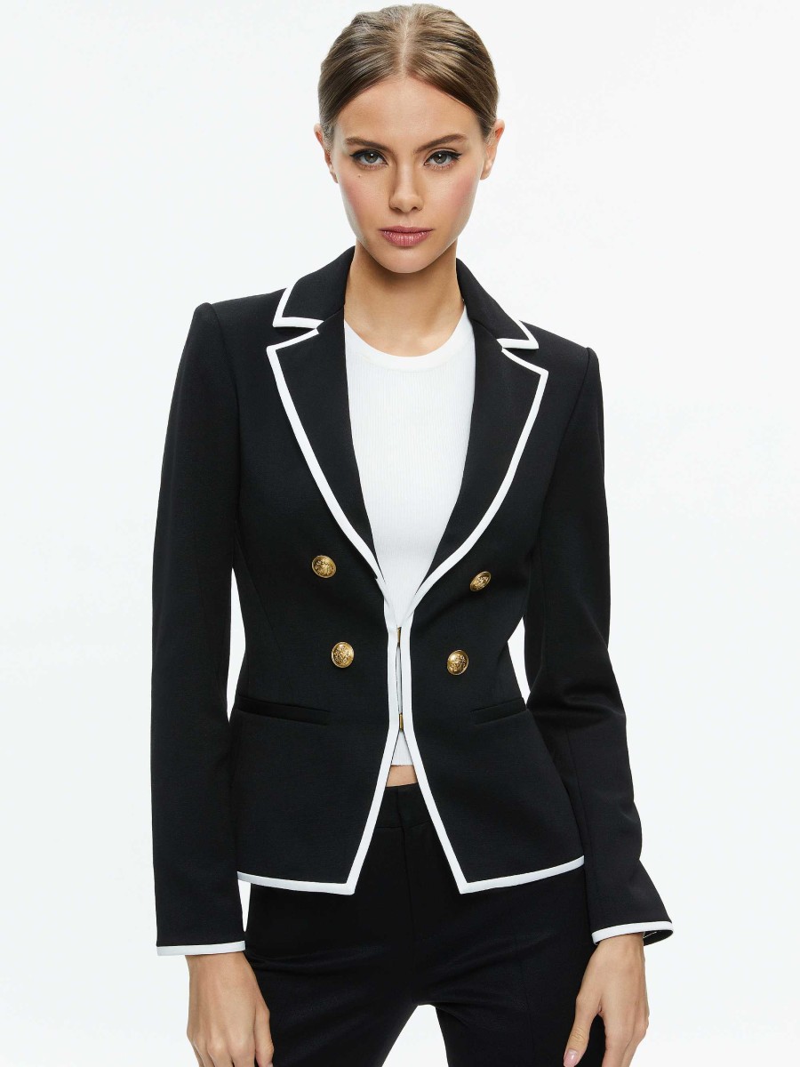 Alice and Olivia Mya Contrast Piping Fitted Blazer | Jackets + Coats