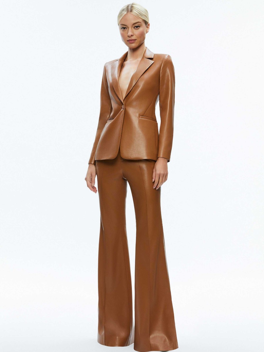 Alice and Olivia Macey Fitted Vegan Leather Blazer + Danette Vegan Leather Split Hem Trousers | Matching Sets