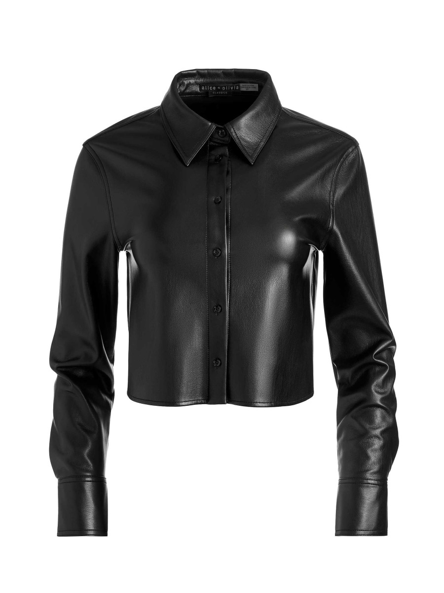 Alice and Olivia Leon Cropped Vegan Leather Button Down | Tops