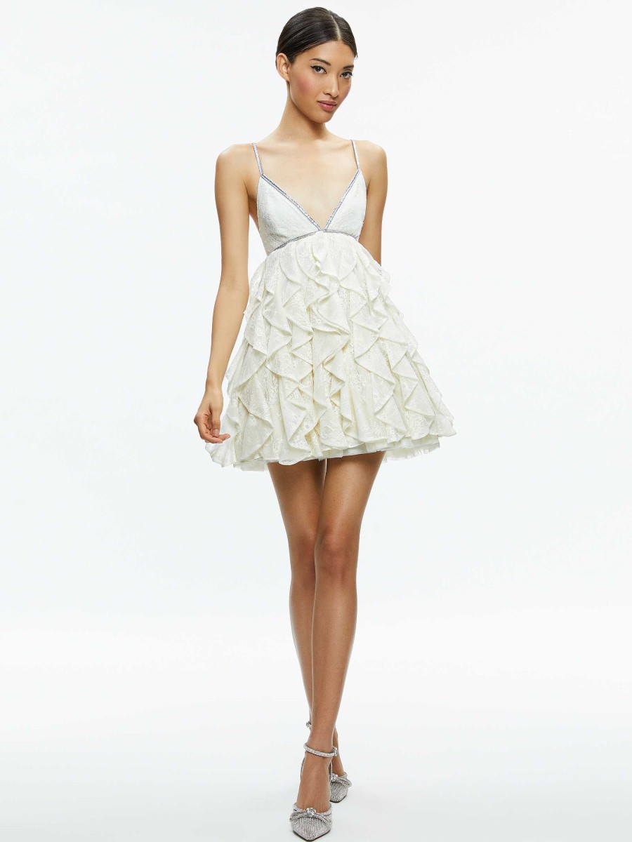 Alice and Olivia Wilmarie Embellished Lace Ruffle Mini Gown | Dresses