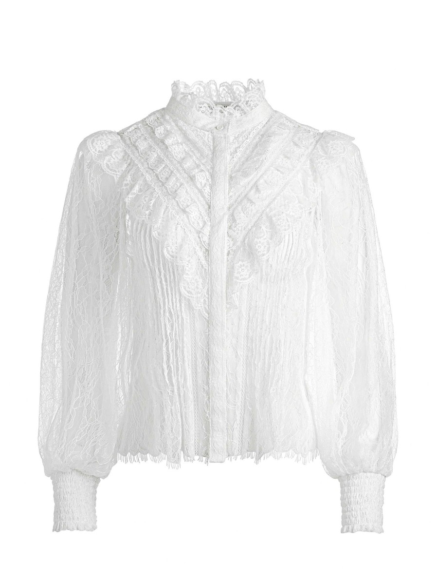 Alice and Olivia Rheba Mock Neck Button Front Lace Top | Tops