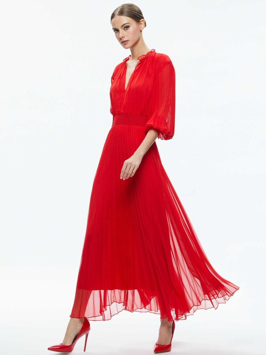 Alice and Olivia Vernia Blouson Sleeve Pleated Maxi Dress | Dresses