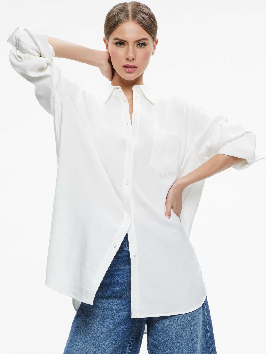 Alice and Olivia Finely Oversized Linen Button Down Shirt | Tops