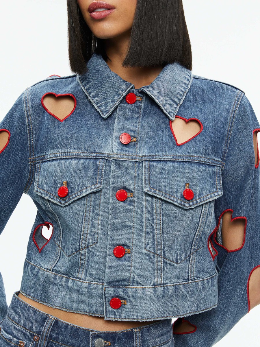 Alice and Olivia Jeff Heart Embroidered Cropped Denim Jacket | Jackets + Coats