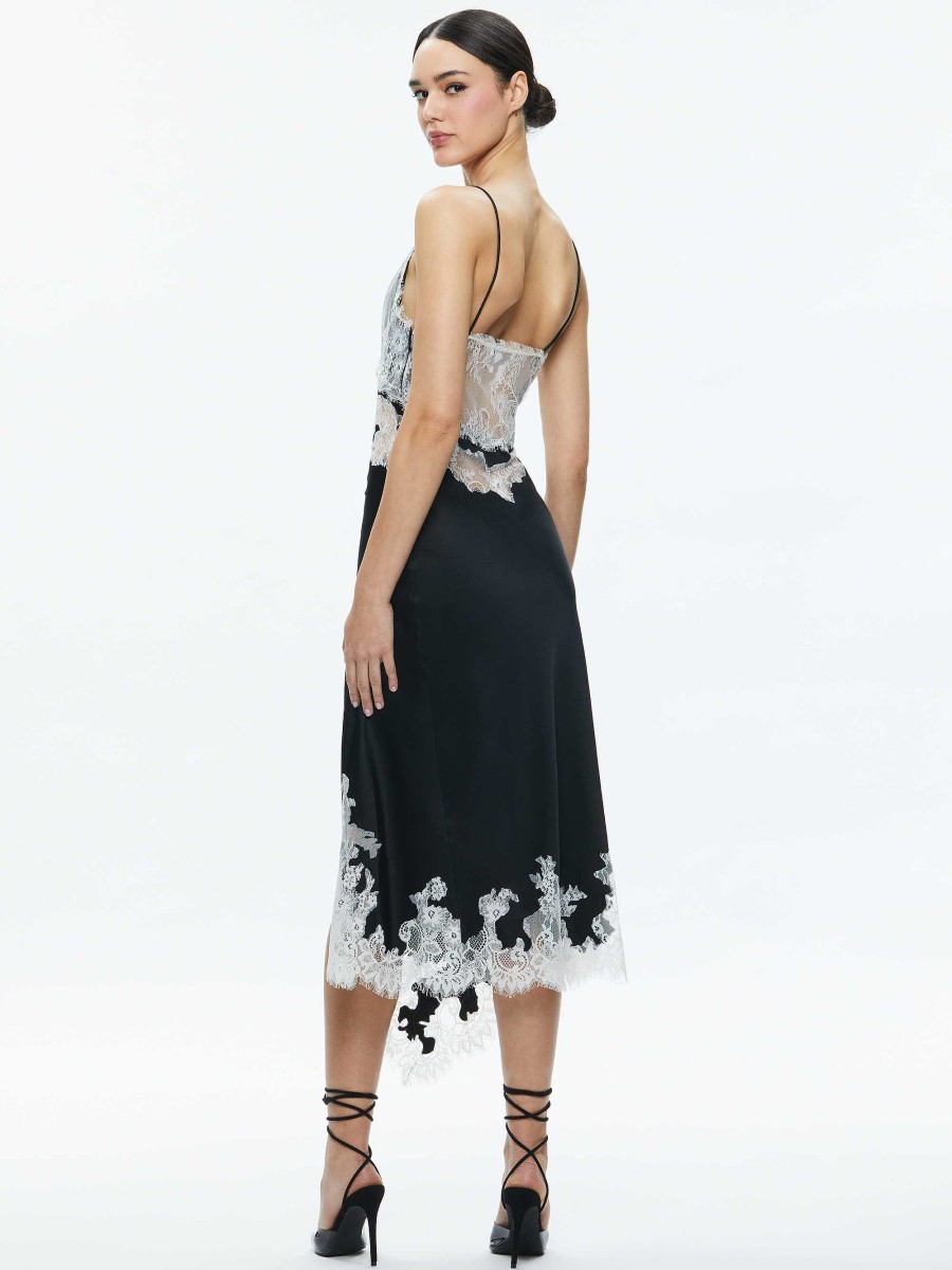 Alice and Olivia Daphne Lace Asymmetrical Slit Midi Dress | Dresses