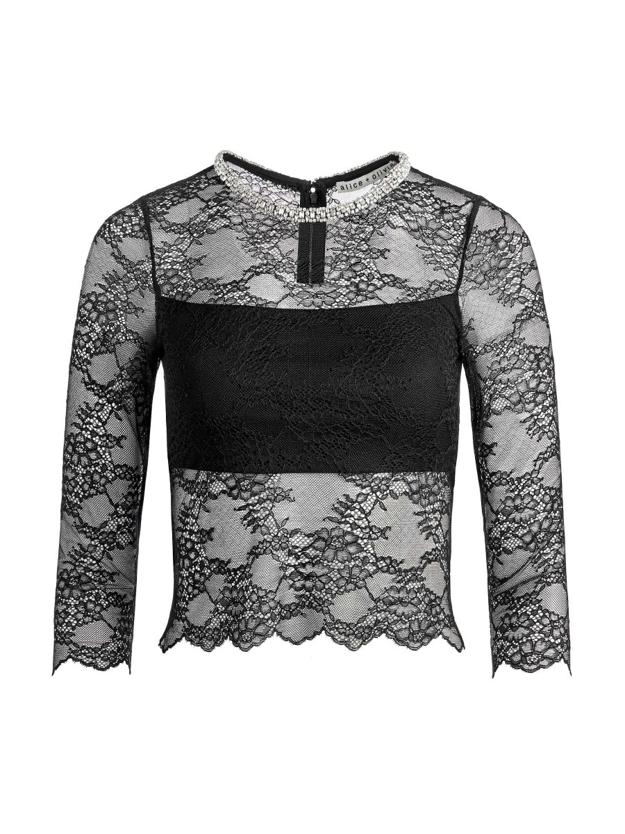 Alice and Olivia Vanita Embellished Neck Lace Crop Top | Tops