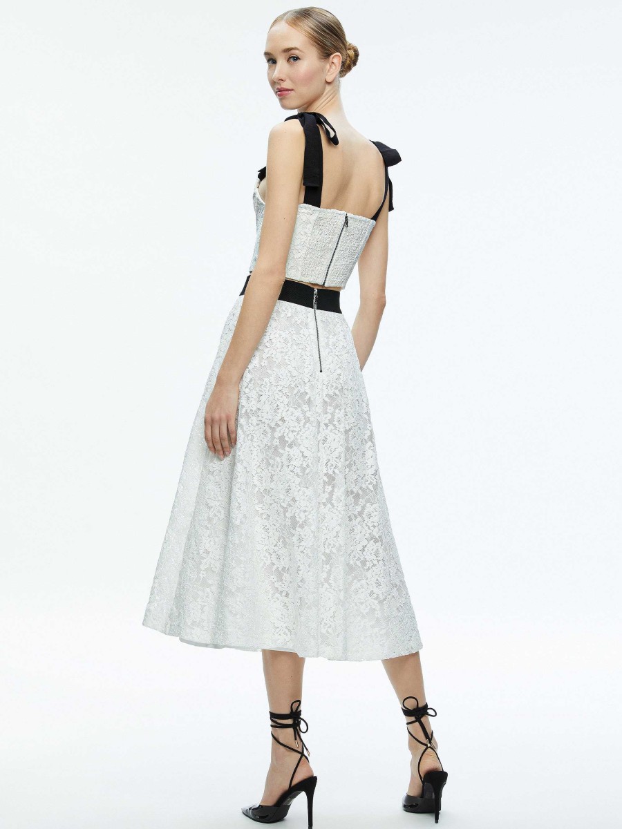 Alice and Olivia Clara Bow Strap Bustier Crop Top + Earla Lace Midi Skirt | Matching Sets