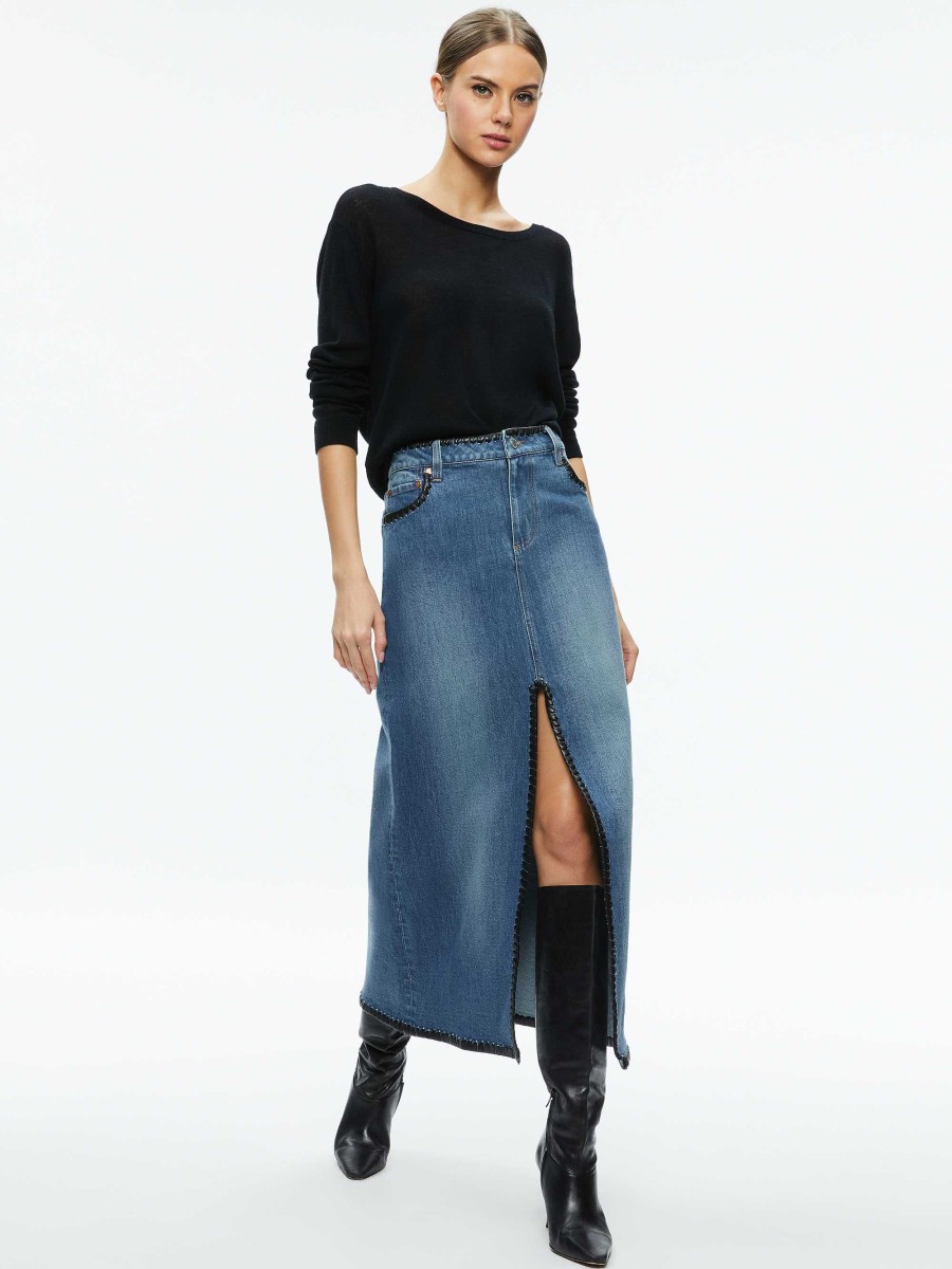 Alice and Olivia Rye Denim Maxi Skirt With Vegan Leather | Skirts