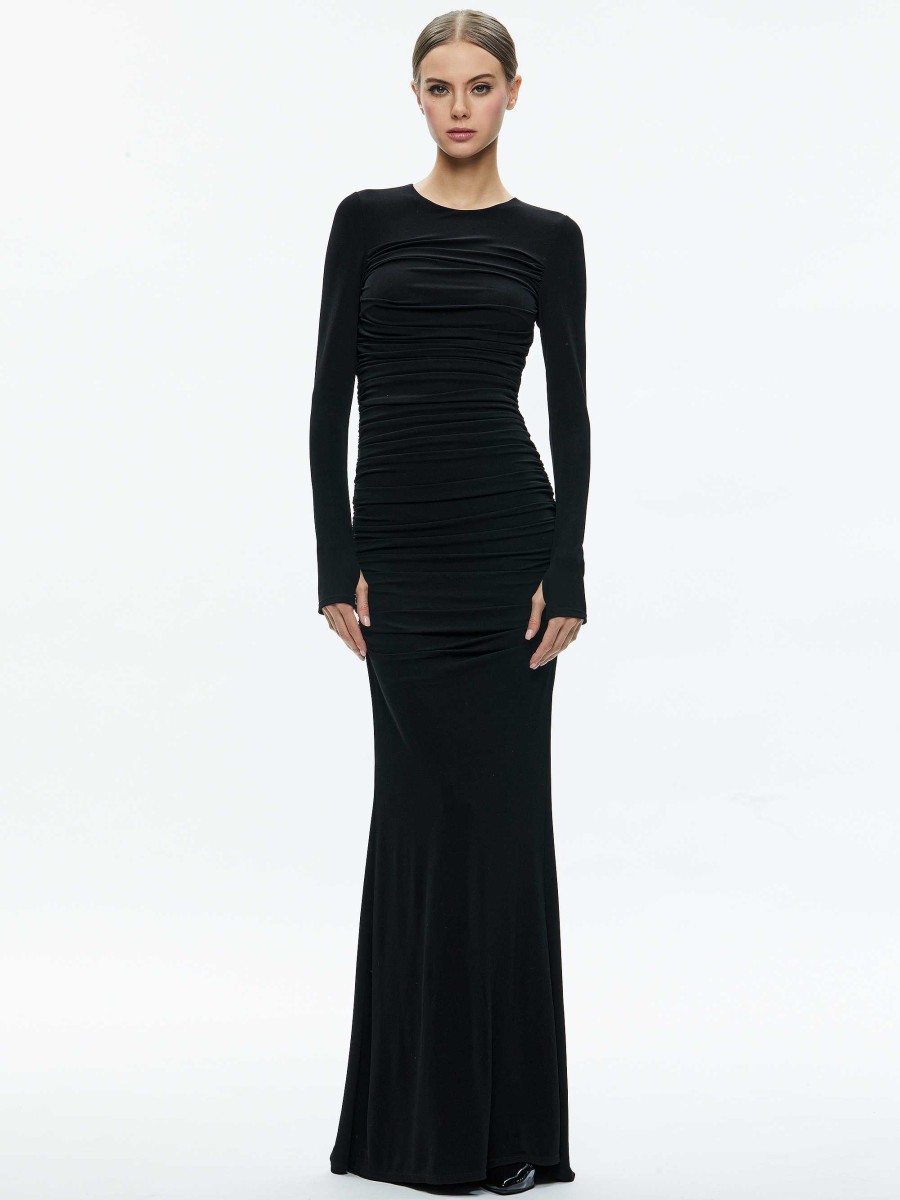 Alice and Olivia Katherina Crew Neck Long Sleeve Ruched Maxi Dress | Dresses