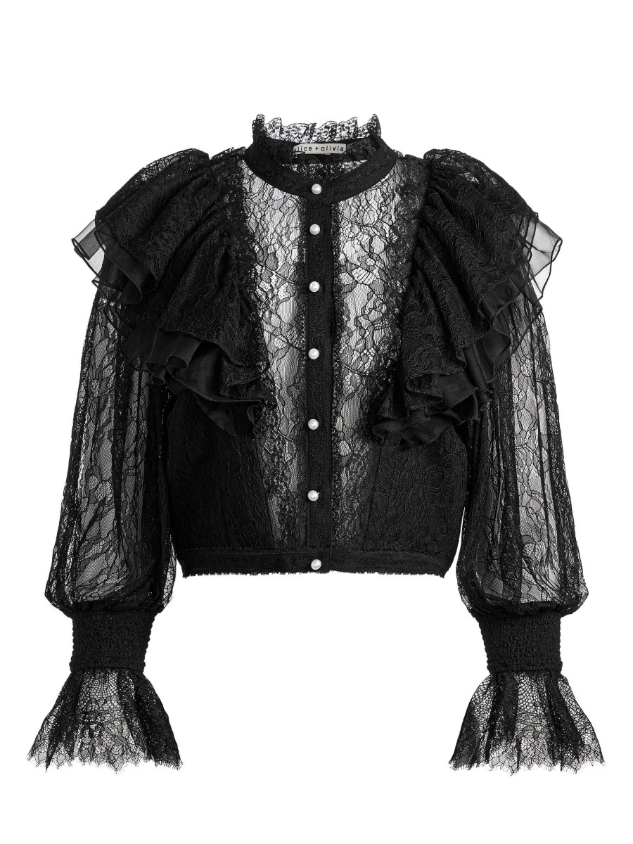 Alice and Olivia Delpha Ruffle Lace Blouson Sleeve Cropped Top | Tops