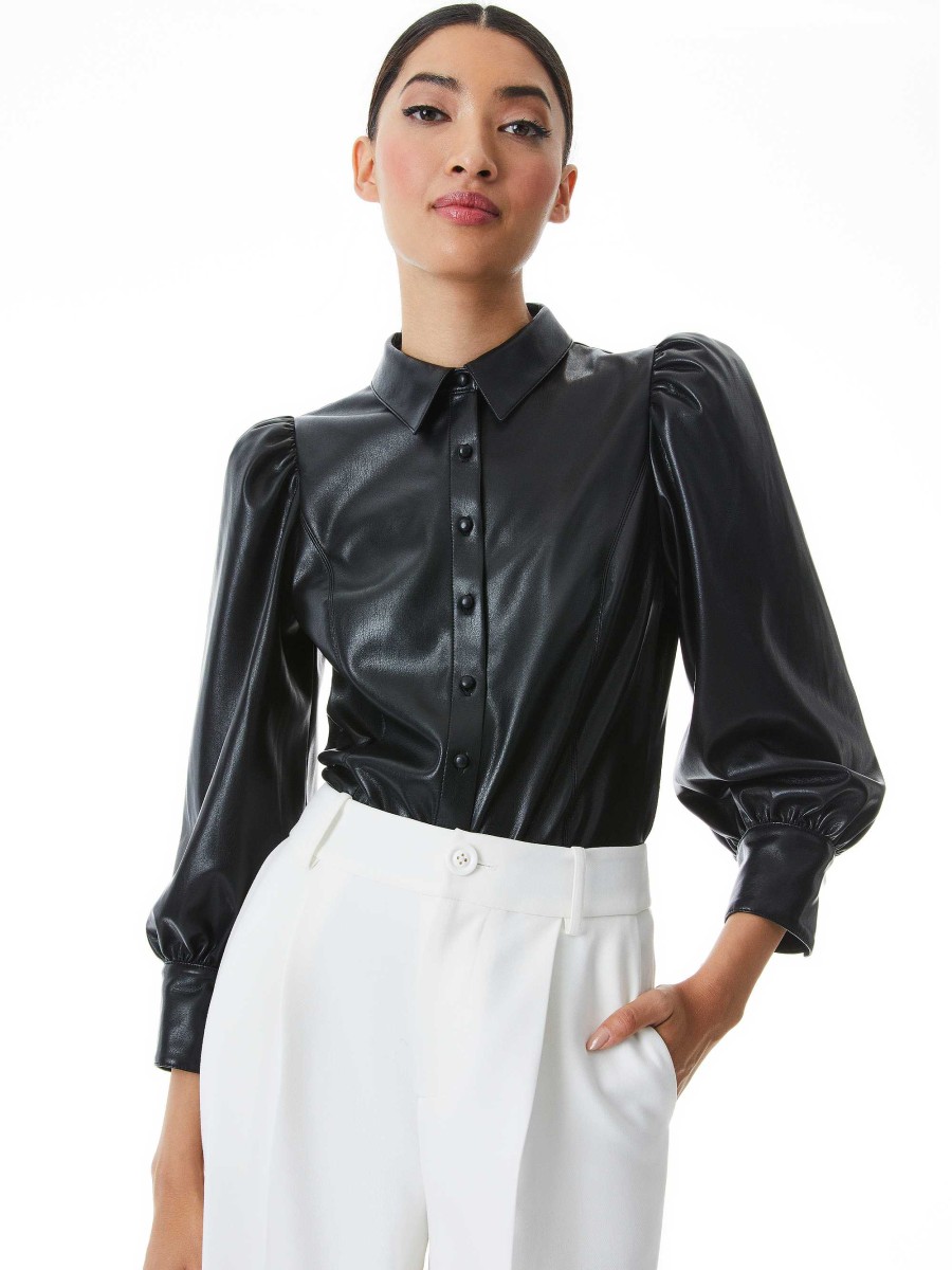 Alice and Olivia Nadine Vegan Leather Button Down | Tops