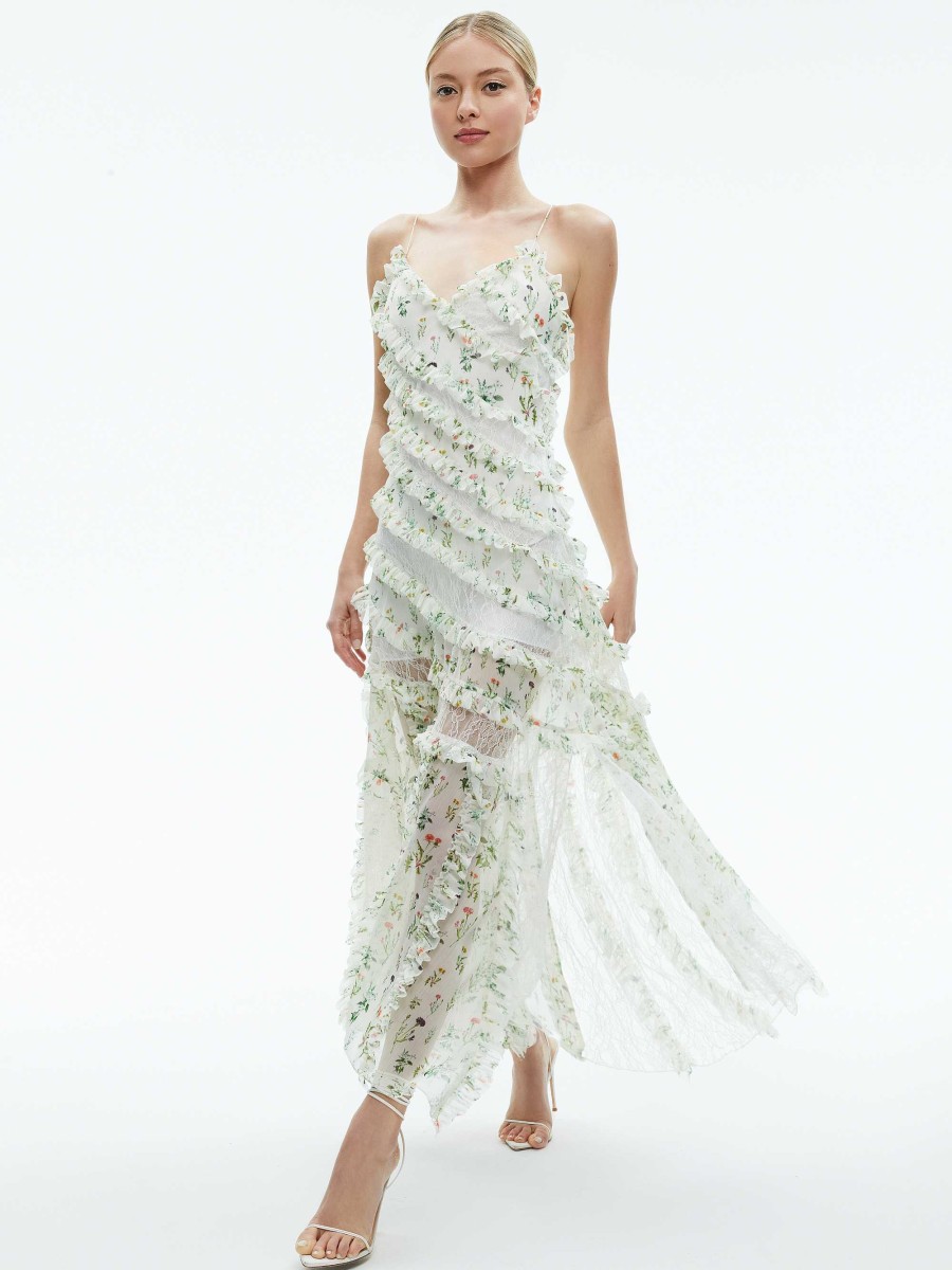 Alice and Olivia Sondra Tie Strap Lace Ruffled Maxi Dress | Dresses