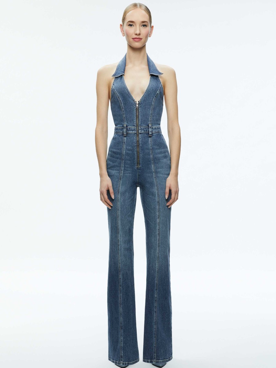 Alice and Olivia Noemi Halter Neck Denim Jumpsuit | Jumpsuits