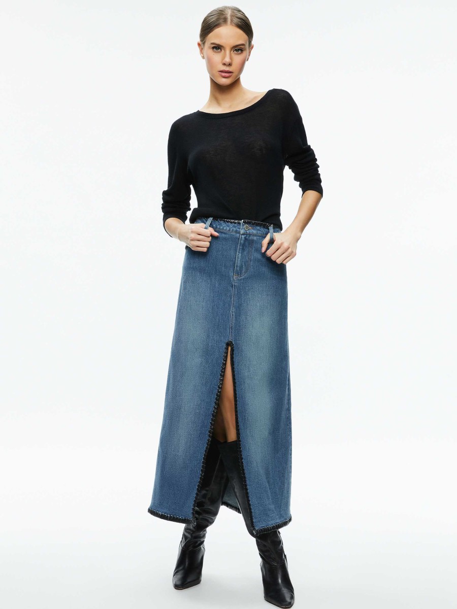 Alice and Olivia Rye Denim Maxi Skirt With Vegan Leather | Skirts