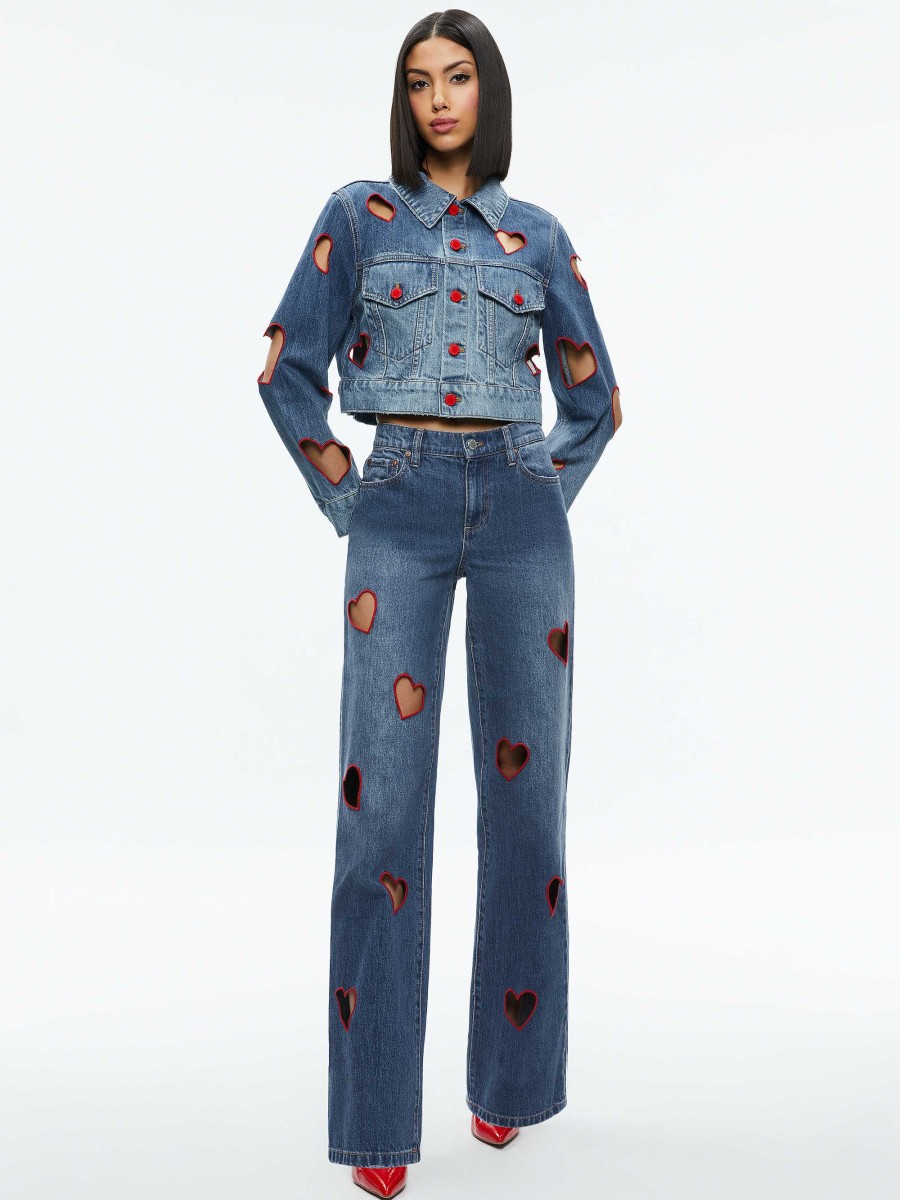 Alice and Olivia Jeff Heart Embroidered Cropped Denim Jacket | Jackets + Coats