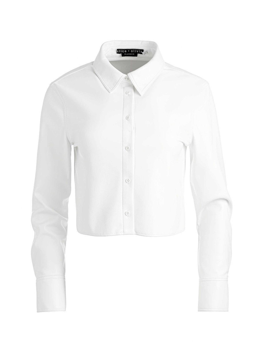 Alice and Olivia Leon Cropped Vegan Leather Button Down | Tops