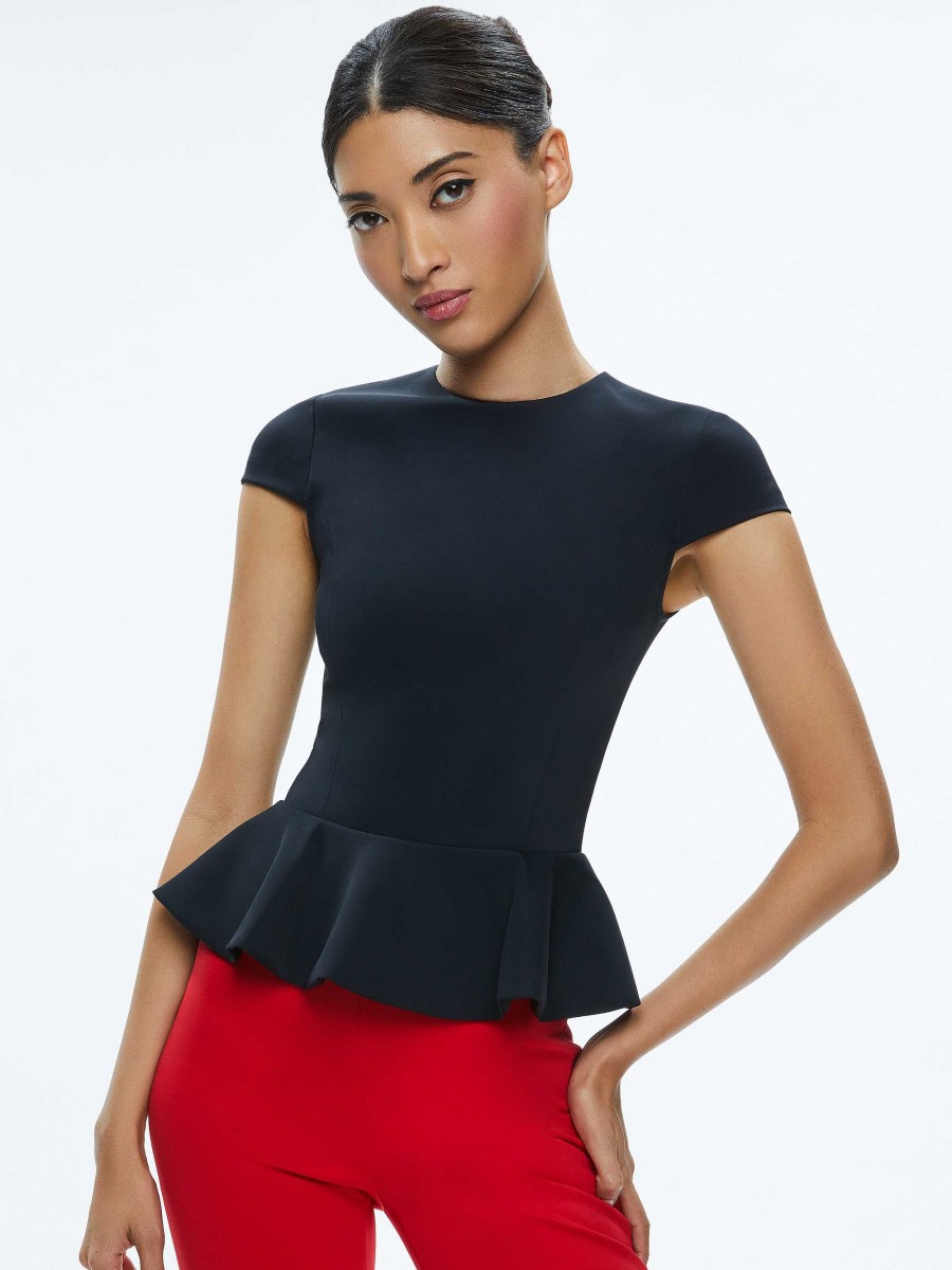 Alice and Olivia Poppy Crew Neck Cap Sleeve Peplum Top | Tops