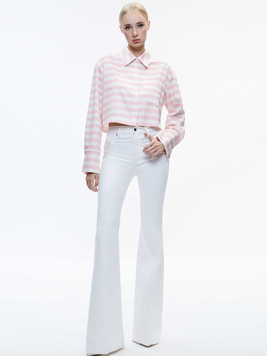 Alice and Olivia Finely Cropped Oversized Button Down Shirt | Tops