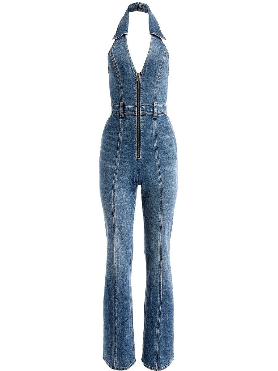 Alice and Olivia Noemi Halter Neck Denim Jumpsuit | Jumpsuits