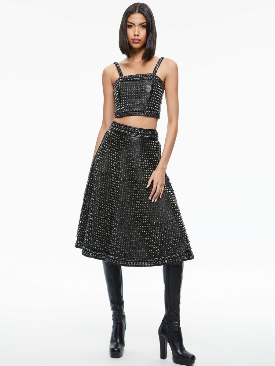 Alice and Olivia Sosie Studded Leather Midi Skirt | Skirts