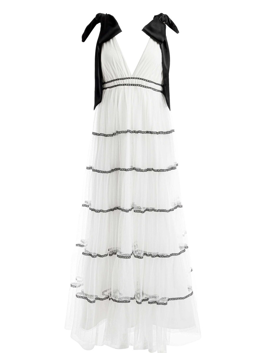 Alice and Olivia Jessalyn Bow Strap Tiered Maxi Gown | Dresses