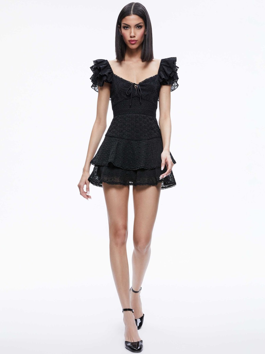 Alice and Olivia Hartford Smocked Bustier Romper | Jumpsuits