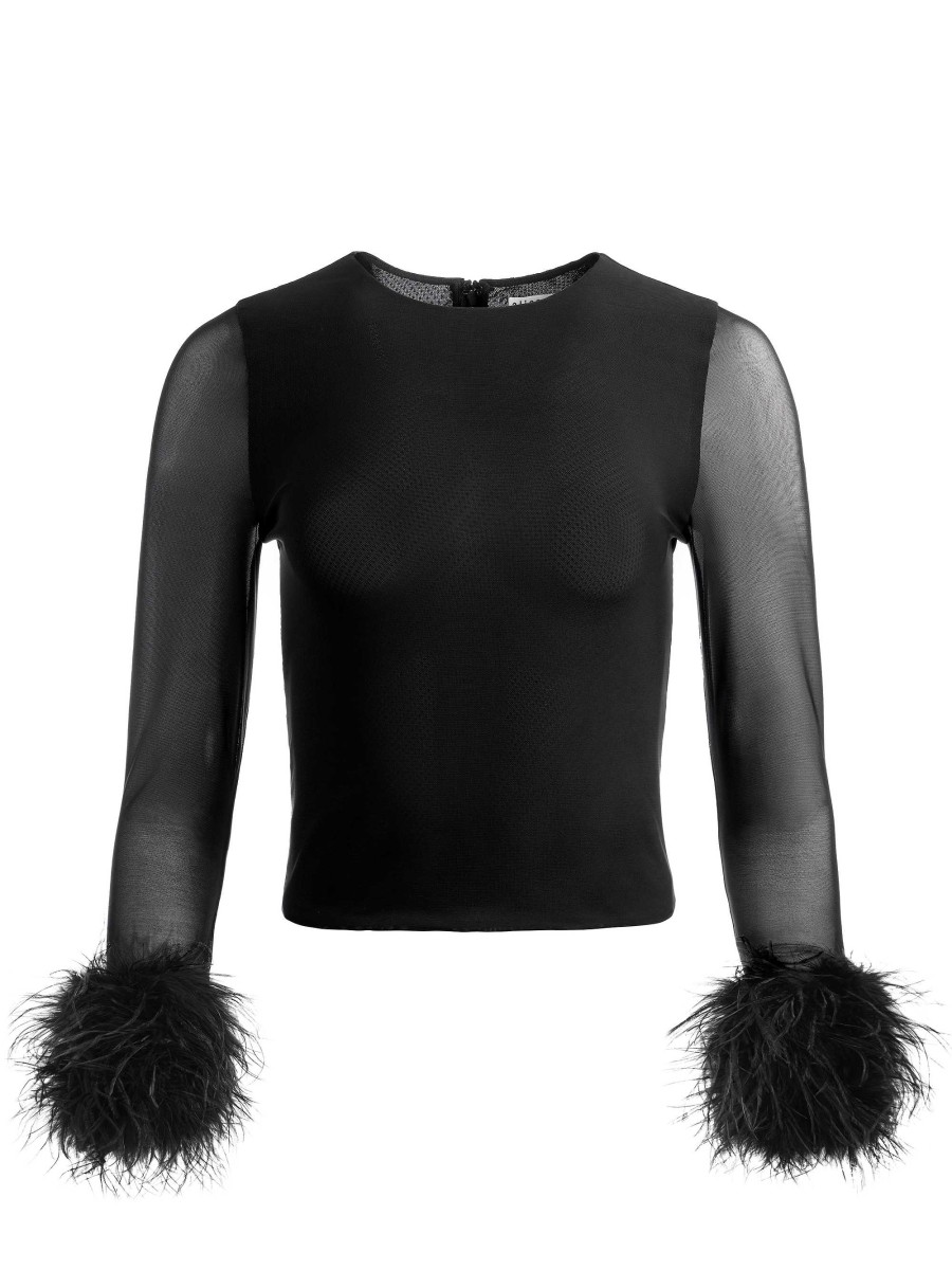 Alice and Olivia Delaina Feather Cuff Sleeve Top | Tops