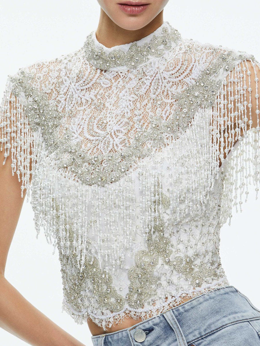 Alice and Olivia Pria Embellished Mock Neck Fringe Top | Tops