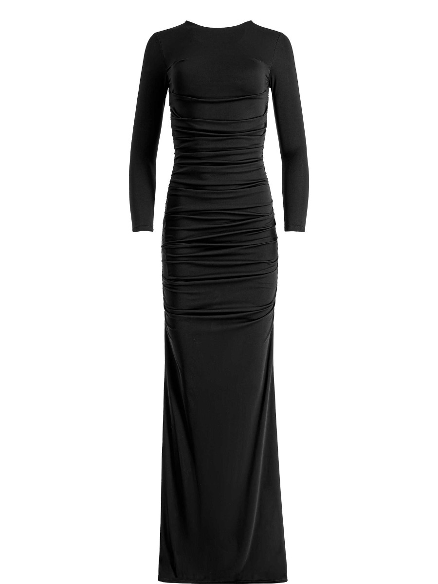 Alice and Olivia Katherina Crew Neck Long Sleeve Ruched Maxi Dress | Dresses